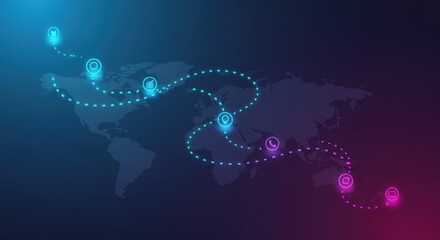 Global Network Connections:  Neon Icons on World Map