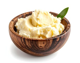 Creamy, light-yellow butter in a wooden bowl with a leaf