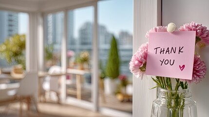Pink Sticky Note with Thank You Message Beside Flowers in Glass Vase with Blurred City Background