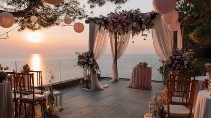 Elegant sunset wedding decoration by the sea with floral arrangements and soft lighting creating a romantic atmosphere for the ceremony