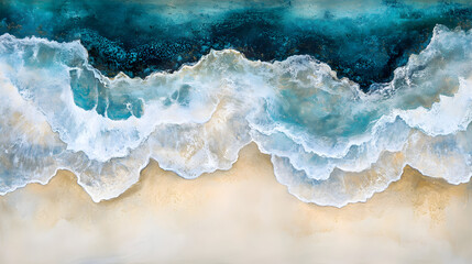 Ocean Waves Aerial View, Deep Blue Ocean Meets Sandy Shoreline, Tranquil Beach Scenery, White Foaming Waves Crashing, Serene Coastline, Top View Beach Landscape, Coastal View, Sandy Beach and Sea