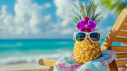 Tropical Pineapple Vacation Scene on Beach Chair, Close-up of Yellow Fruit with Sunglasses and Purple Orchid, Relaxing Island Getaway, Turquoise Ocean and Blue Sky, Bright Sunny Day