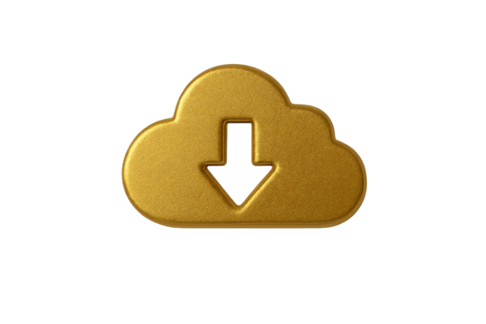 Golden Cloud Download Icon: A sleek, photorealistic golden cloud icon, a symbol of data transfer and digital accessibility.