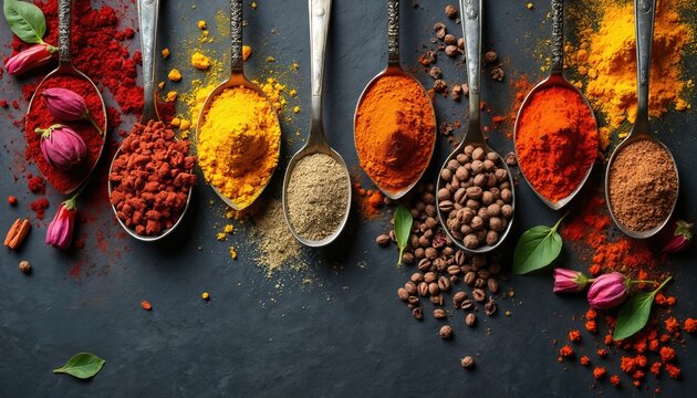 Various colorful spices, herbs powders in metallic spoons arranged on dark background, side view. Exotic condiments assortment with greens, pink flower buds creates cooking backdrop with copy space.