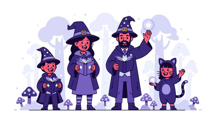 Family of Wizards: A whimsical illustration depicts a family, each adorned in wizarding attire, embarking on a magical journey within a whimsical world.