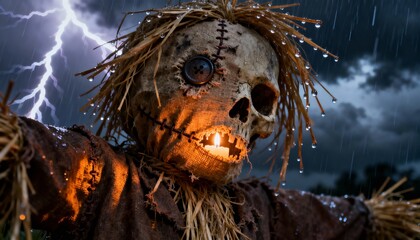 Scary scarecrow with skull face and straw hair in a stormy night with lightning strikes and rain