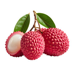 Three ripe lychees, one halved, showcasing their pink skin, white flesh, and attached green leaves