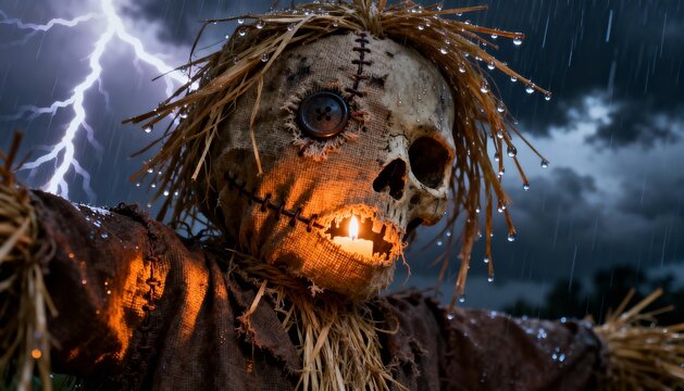 Scary scarecrow with skull face and straw hair in a stormy night with lightning strikes and rain