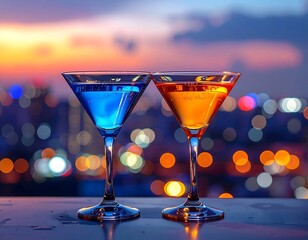 Two colorful cocktails, vibrant blue and orange, sit on a rooftop bar, city lights blurred in the background