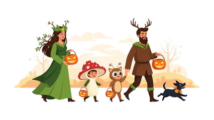 Fototapeta premium Halloween Family Costume: A family embraces the spirit of Halloween with creative and whimsical costumes, perfect for spooky season, as they joyfully stroll through a stylized landscape.