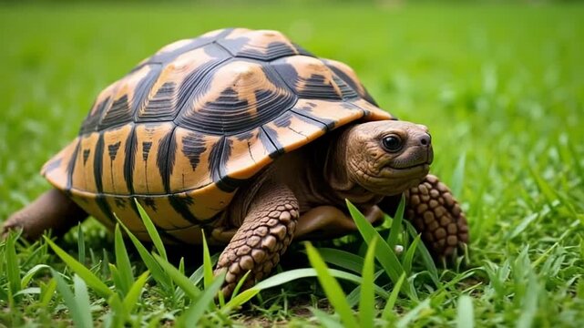 Gentle tortoise exploring lush green grass with slow, deliberate steps perfect for nature documentaries or serene wildlife films