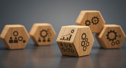 Wooden Hexagonal Blocks with Business and Technology Icons on Gray Surface