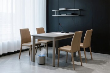 Modern dining room with minimalist furniture and air purifier