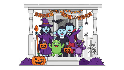 Obraz premium Happy Halloween: A whimsical illustration depicts a family of monsters, dressed in various spooky costumes, joyously posing on the porch.