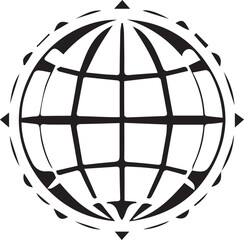 Dynamic monochrome vector illustration depicting a stylized global sphere encompassed by cardinal directions, representing concepts of international connectivity, navigation, and universal outreach
