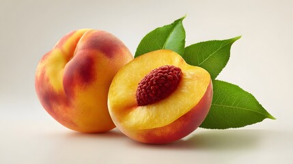 Fresh ripe peach halved with leaf and pit on white background