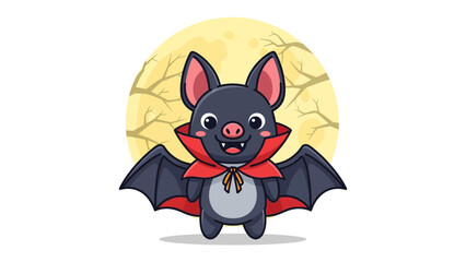 Charming Cartoon Bat: A delightful cartoon bat with an endearing smile, large ears, and a red cape stands before a full moon, embodying playful spookiness.