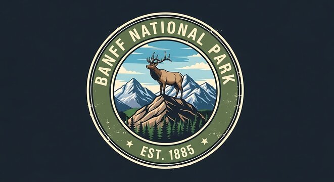 Vintage Style Banff National Park Emblem with Elk and Mountain Scenery