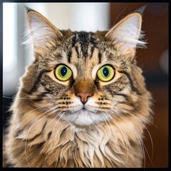 Close-up portrait of a fluffy tabby cat
