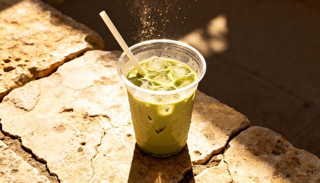 Refreshing iced matcha latte with a straw in a plastic cup, sprinkled with matcha powder outdoors