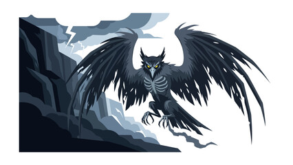 Gothic Owl Soaring: An ominous digital illustration of a gothic owl with a skeletal chest and vast black wings. It is soaring above a storm-laden landscape.