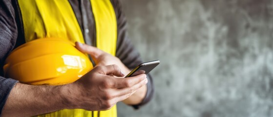 The Construction Worker Holding a Yellow Hard Hat and Using a Smartphone
