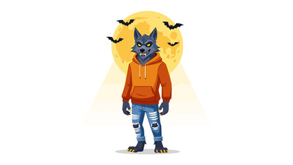 Werewolf under the Moon: A stylized illustration presents a standing werewolf in a modern orange hoodie and ripped jeans against a full moon backdrop, enhanced by flying bats.