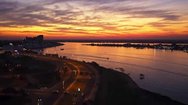 Dramatic sunset over Costanera Avenue and Paraguay River with boats and city skyline in Asunci&oacute;n, Paraguay