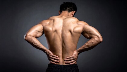 Fototapeta premium A muscular man with hands on his lower back, likely experiencing pain. Back muscles are defined. The scene is on a dark background