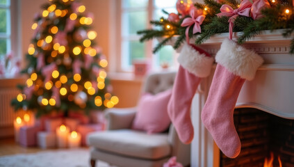 Pink Christmas stockings under fire place in living room. Christmas tree with garlands and candle lights. Coquette core decor.