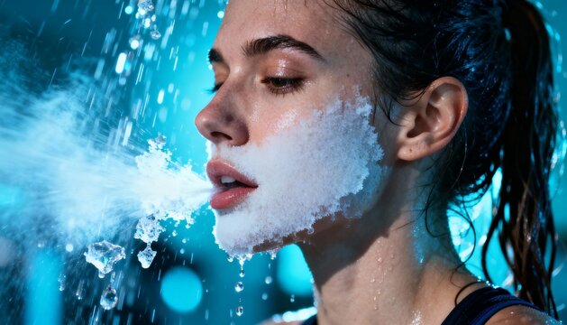 Woman with white mask and water splashing on her face, exhaling steam in a gym