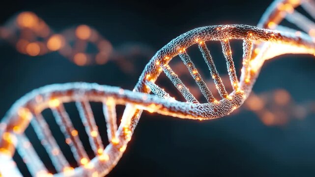 Digital representation of a DNA double helix showcasing intricate structures and glowing elements in a dark background