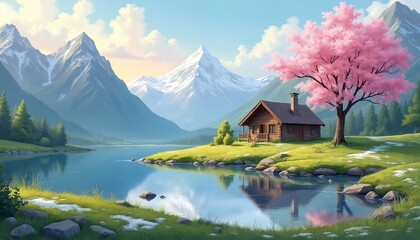 Idyllic spring illustration house near lake with mountain view. Blossoming pink tree near wooden home. Tranquil scene with clear water, green grass, sunlight reflections. Picturesque landscape for