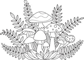 Whimsical Mushrooms and Fern Leaves Line Art – Cute Nature Coloring Page for Kids and Adults