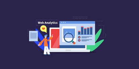 Magnifier highlights social media post, businessman monitor digital performance, web analytics and dynamic graph insights on laptop interface. 