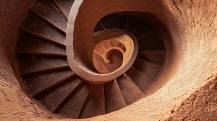 Fototapeta premium Stunning spiral staircase crafted from earthy tones and natural materials, inviting exploration in a tranquil setting