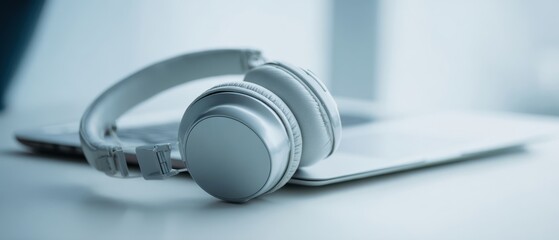 The Headphones Resting on a Sleek Laptop in a Minimal Modern Workspace