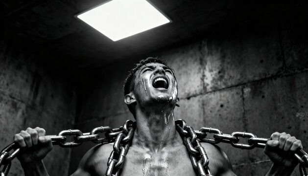 Man struggling with heavy chains, screaming in agony, sweat dripping down his face in a dark room