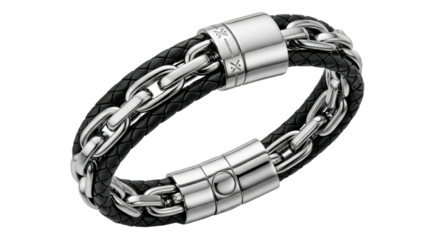 Men's Leather Steel Chain Bracelet
