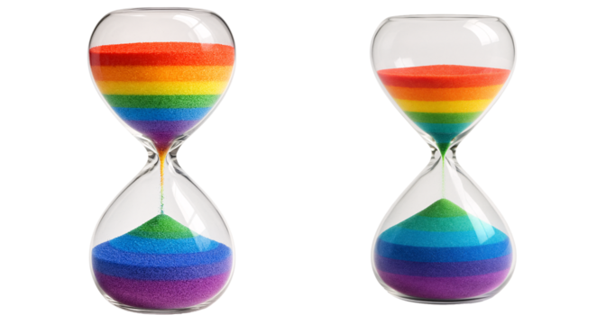 set of hourglasses with rainbow sand on a transparent background. Hourglass with rainbow-colored sand on a transparent background. Time. LGBT. Educational and promotional materials.