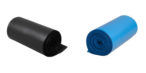 Roll of blue garbage bags on a transparent background.. Roll of black garbage bags on a transparent background. Cleaning. Household. Supermarket.