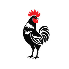 Fototapeta premium Bold and striking black rooster icon with a vibrant red comb and tail feathers, standing proudly against a white background