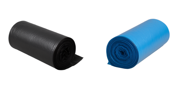Roll of blue garbage bags on a transparent background.. Roll of black garbage bags on a transparent background. Cleaning. Household. Supermarket.