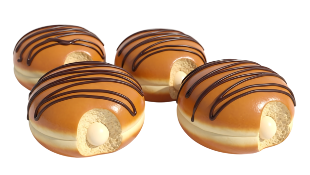 Four glazed doughnuts, chocolate-drizzled, bitten