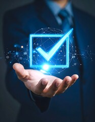 A person in a suit holds a glowing, holographic checkmark icon