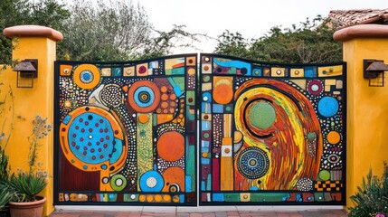 Whimsical gate with playful designs, creative patterns, and vibrant colors