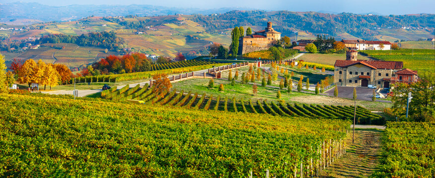 Ultra HD 13K Panorama of Barolo Village and Medieval Castle in Piedmont &mdash; Autumn Vineyards of Langhe Wine Region with Red and Orange Foliage in Cuneo Italy
