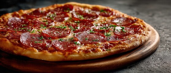 The Pizza with Crispy Pepperoni and Melted Cheese on a Rustic Wooden Board