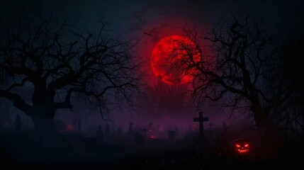 Fototapeta premium Spooky halloween night with a blood moon and silhouetted trees