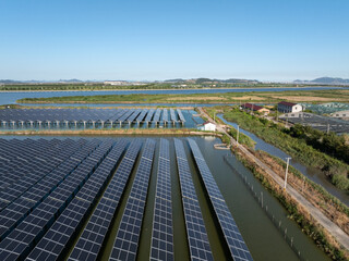 aerial view solar power station on water